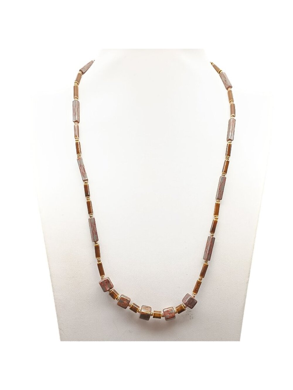 Vintage Brown & Red Ceramic Beaded Necklace with Iridescent Finish and Gold-Tone